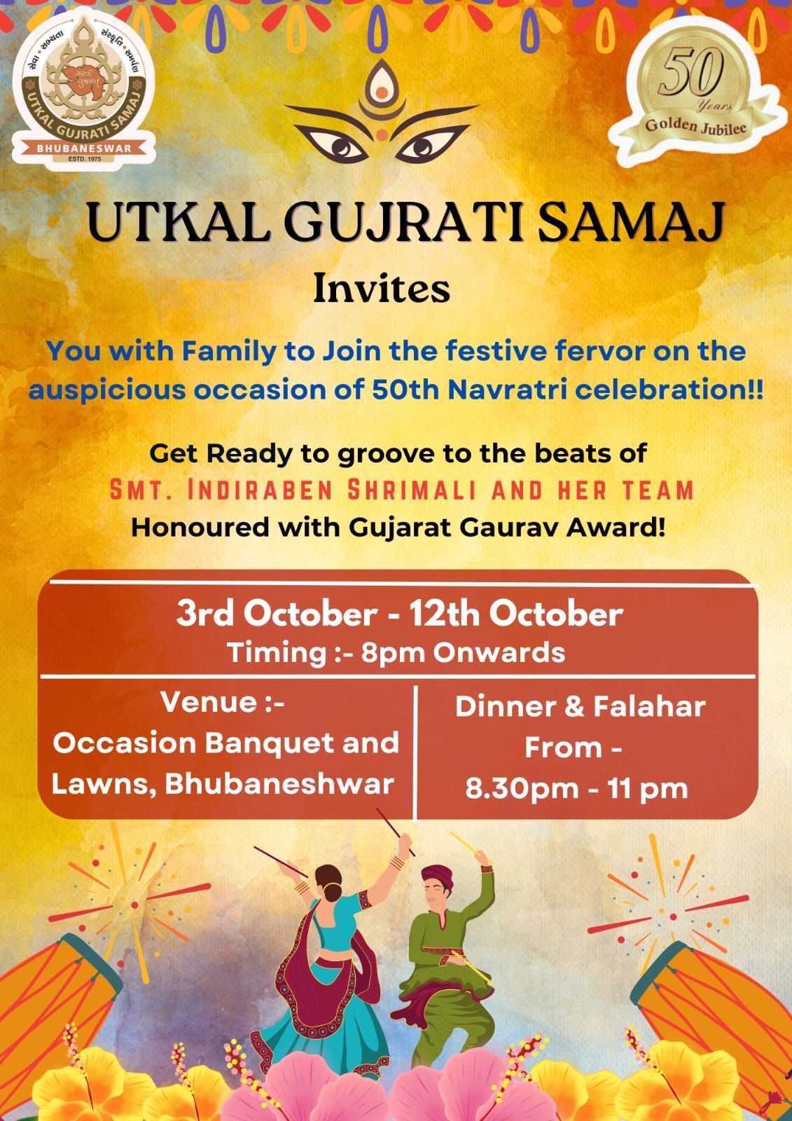 Invitation poster for the 50th Navratri celebration, 3 to 12 October